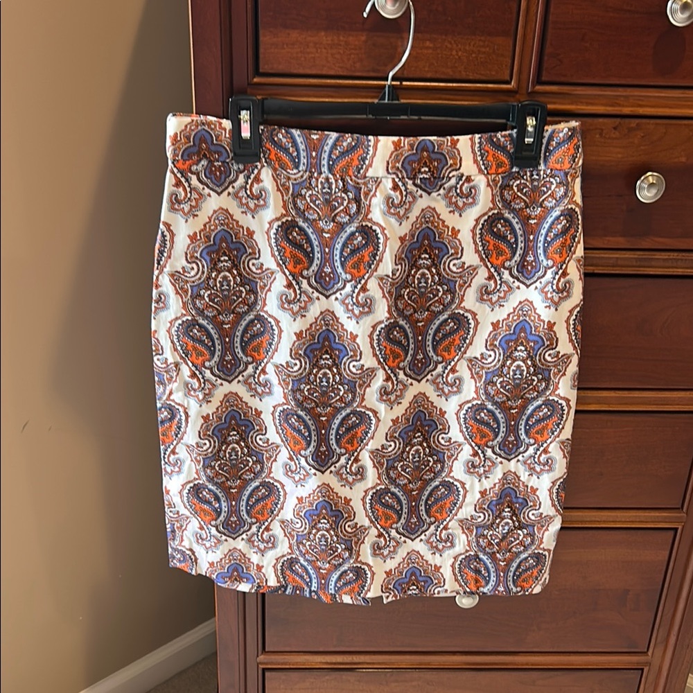 J. Crew stretch women’s paisley Skirt, white with orange and purple, size 8